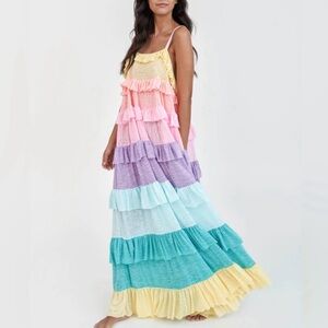 Pitusa Rainbow Ruffle Swim Cover-Up Maxi Dress